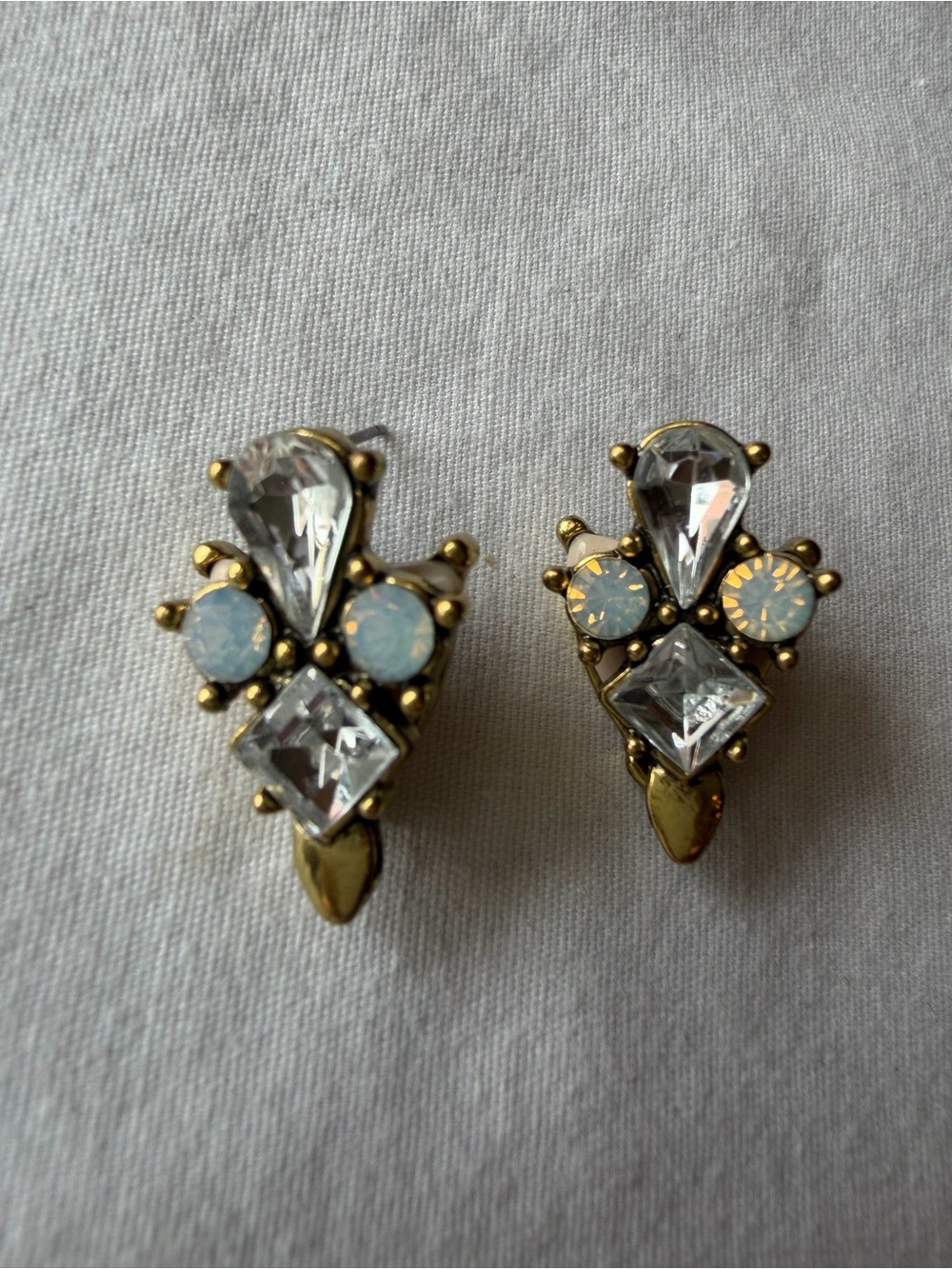 Gold Tone Geometric Crystal & Opalescent Rhinestone Post Earrings Vintage Style